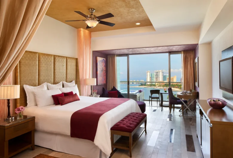 Preferred Club Junior Suite Ocean View with king bed and private balcony overlooking Banderas Bay at Secrets Vallarta Bay Puerto Vallarta.