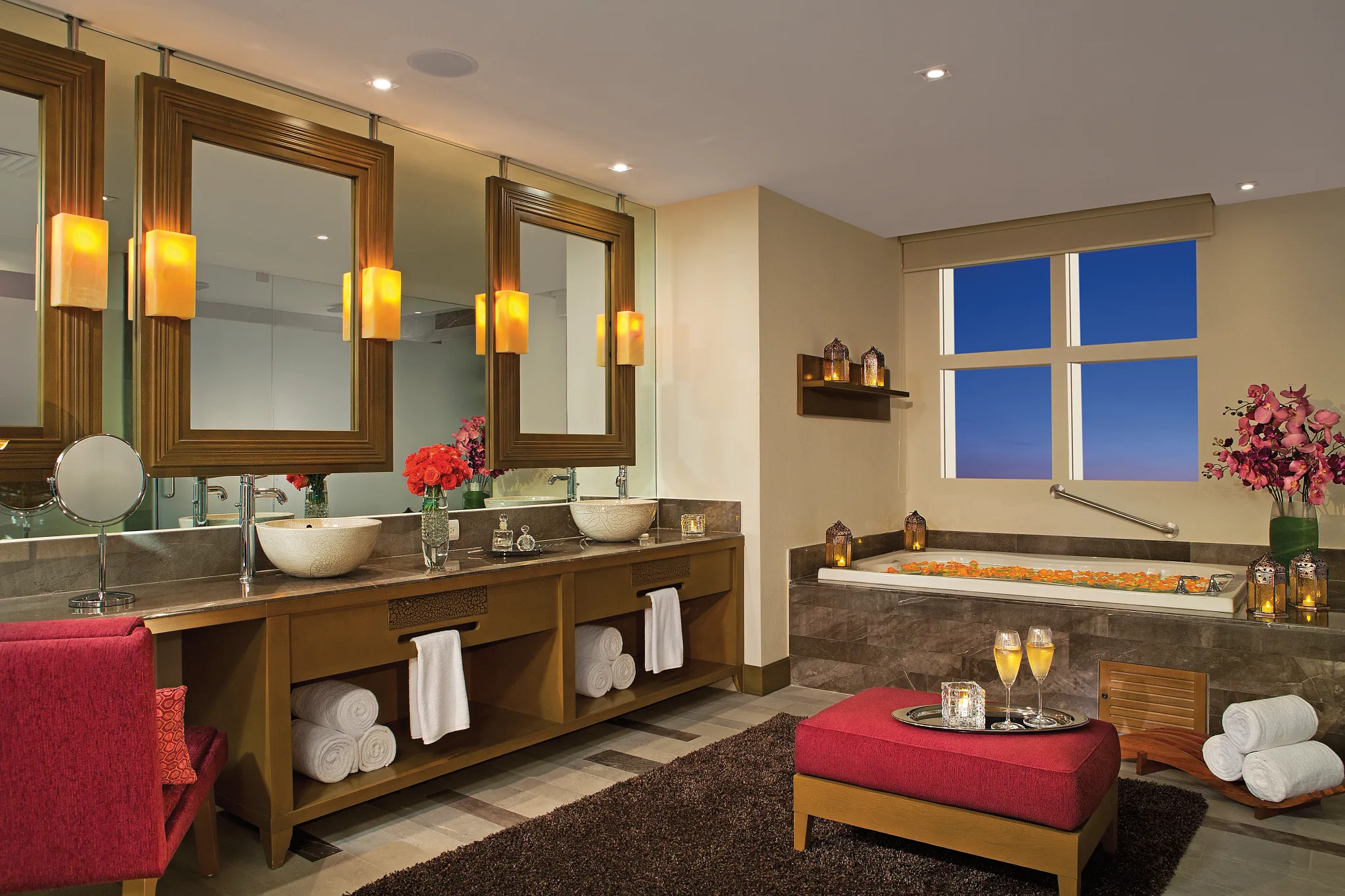 Presidential Suite bathroom with soaking tub, dual vanities, and elegant décor at Secrets Vallarta Bay Puerto Vallarta.