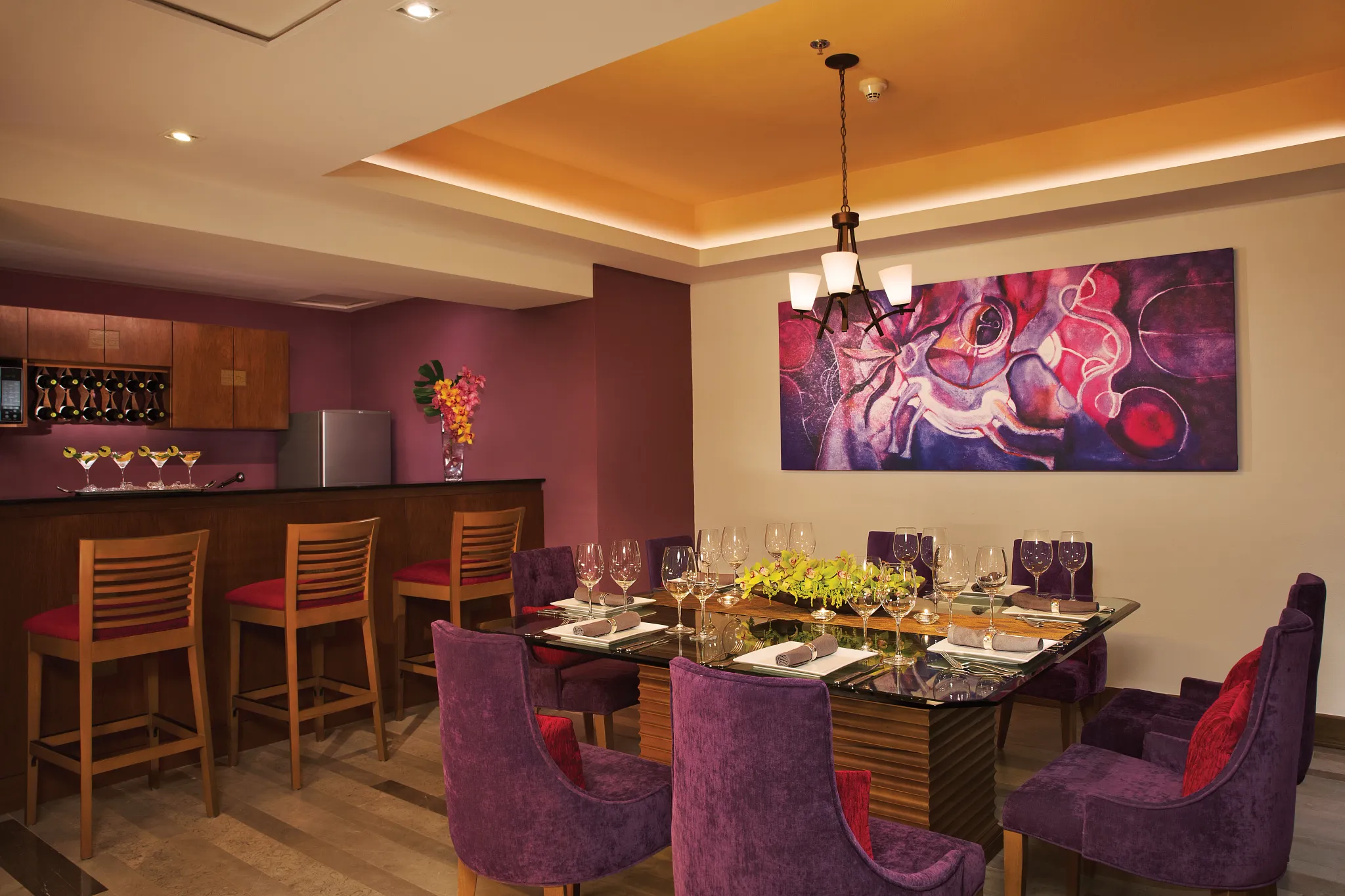 Presidential Suite dining room with private bar and seating area at Secrets Vallarta Bay Puerto Vallarta.