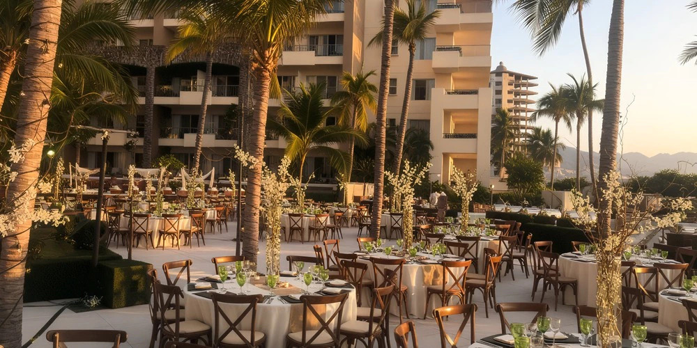 Pool terrace wedding reception setup with round tables and palm trees at Secrets Vallarta Bay Puerto Vallarta