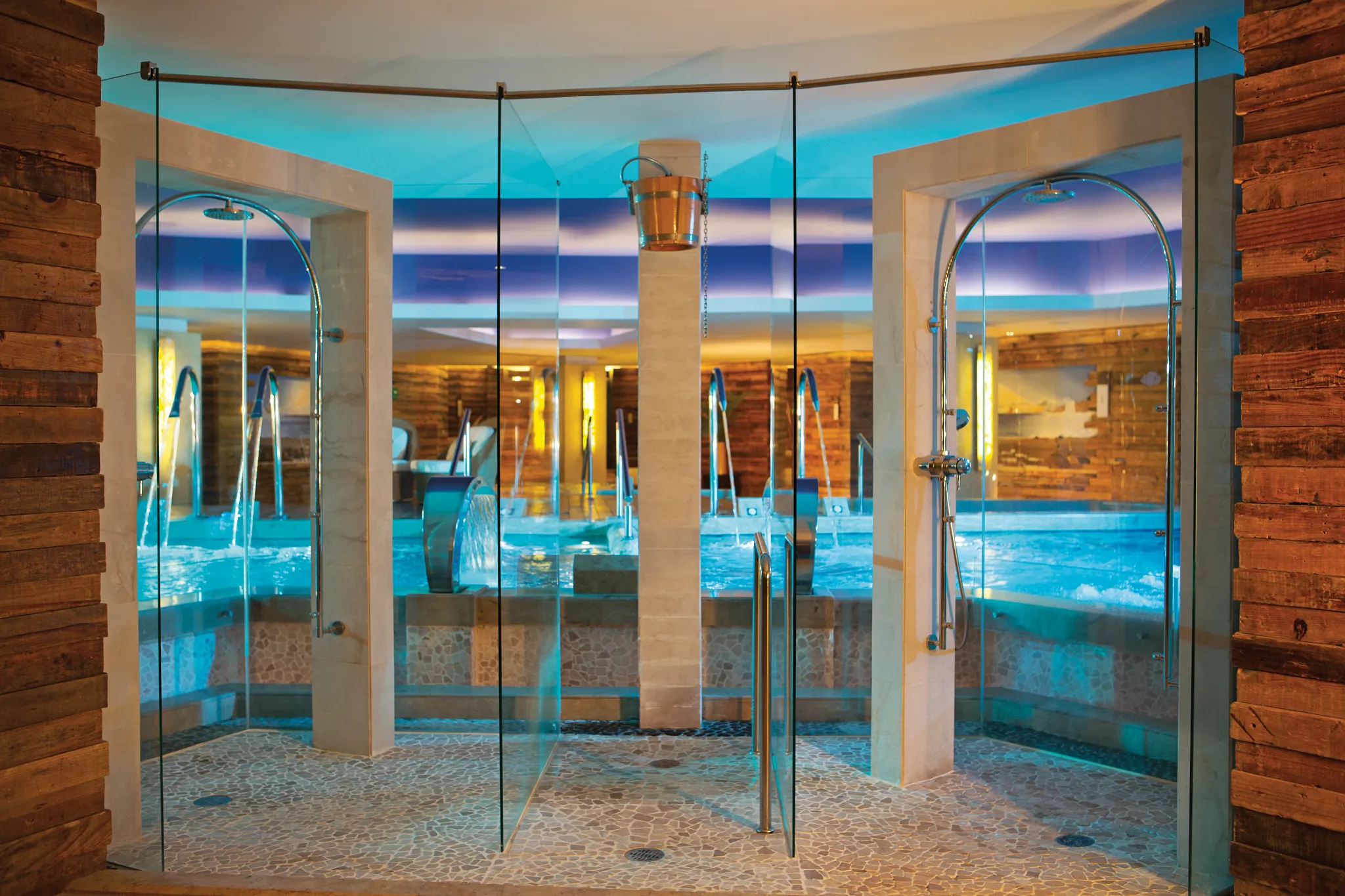 Spa hydrotherapy showers and water circuit at Secrets Vallarta Bay Puerto Vallarta featuring modern wellness design.
